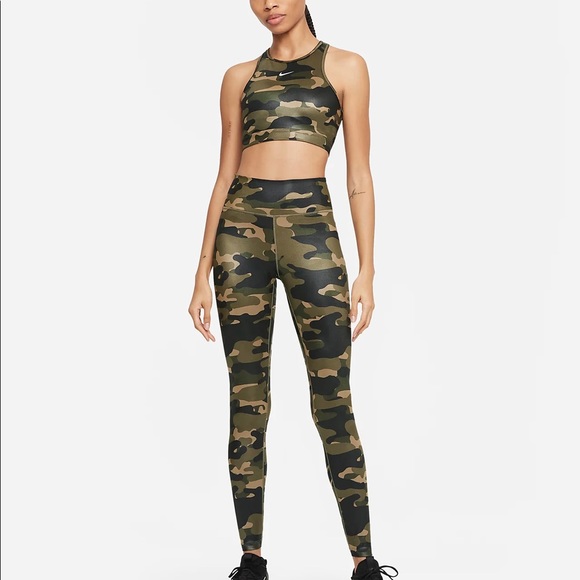 LIKE NEW Nike Dri-FIT 2-Piece Co-Ord Set Khaki Camouflage Sport Bra and Leggings - Picture 1 of 11